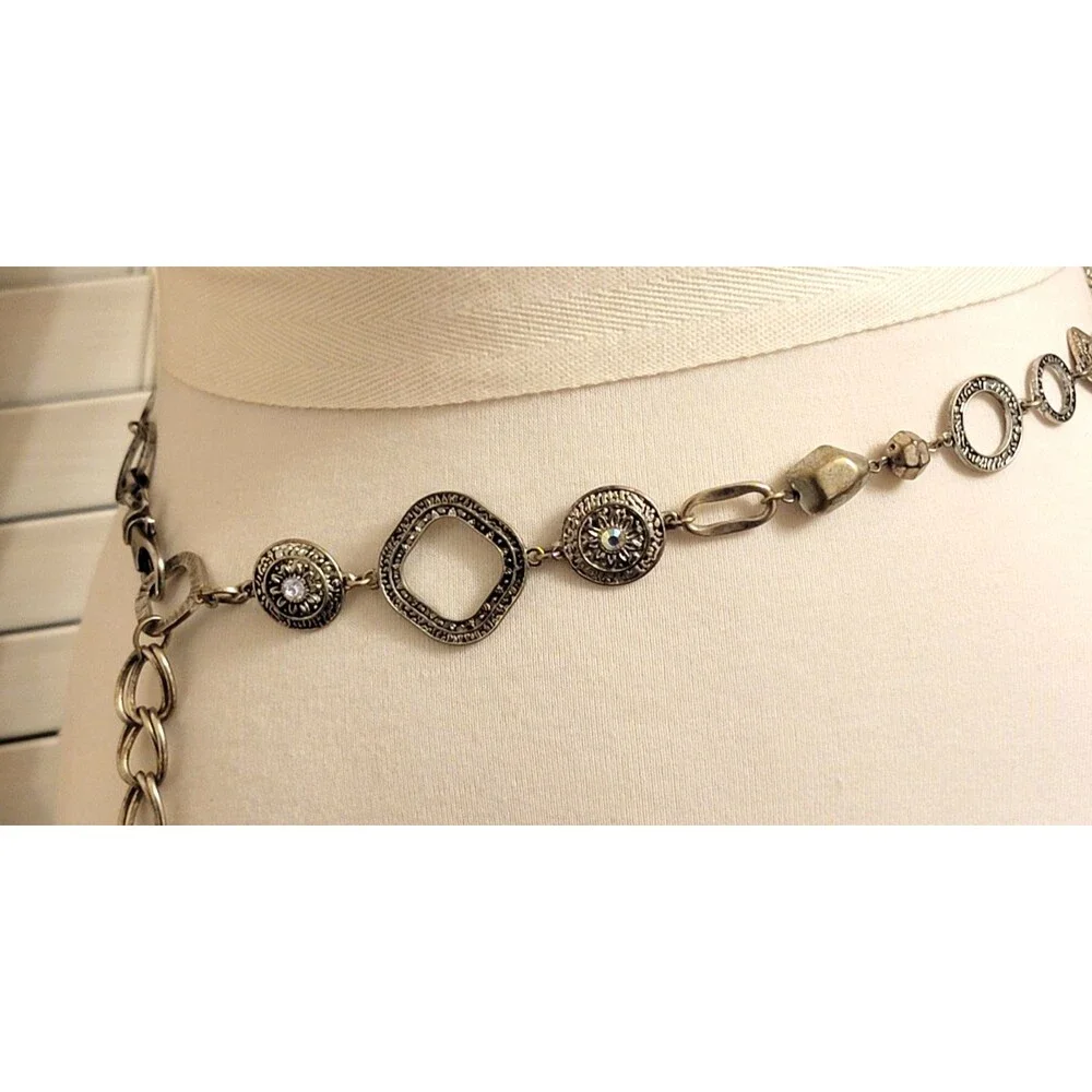 Ruby Rd. Chain Statement Belt Women’s AB Rhinestone Flowers Silver Tone Vintage